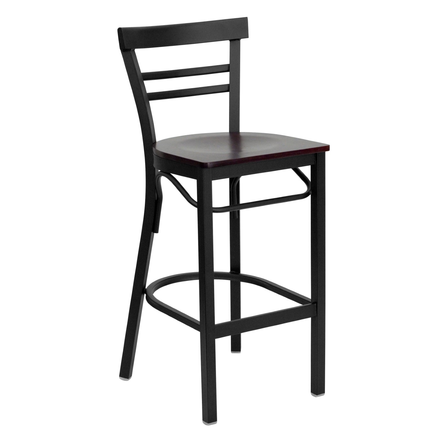 TOUGH ENOUGH SERIES BLACK TWO-SLAT LADDER BACK METAL RESTAURANT BARSTOOL - MAHOGANY WOOD SEAT: <font color=green>FREE SHIPPING!</font> TOUGH ENOUGH SERIES BLACK TWO-SLAT LADDER BACK METAL RESTAURANT BARSTOOL - MAHOGANY WOOD SEAT: <font color=green>FREE SHIPPING!</font>