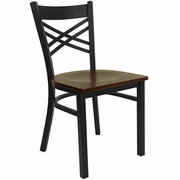 TOUGH ENOUGH SERIES BLACK ''X'' BACK METAL RESTAURANT CHAIR - MAHOGANY WOOD SEAT: <font color=green>FREE SHIPPING!</font>