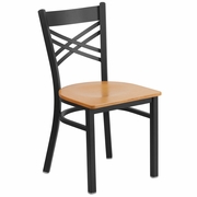 TOUGH ENOUGH SERIES BLACK ''X'' BACK METAL RESTAURANT CHAIR - NATURAL WOOD SEAT <font color=green>FREE SHIPPING!</font>