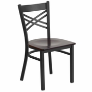 TOUGH ENOUGH SERIES BLACK ''X'' BACK METAL RESTAURANT CHAIR - WALNUT WOOD SEAT: <font color=green>FREE SHIPPING!</font>