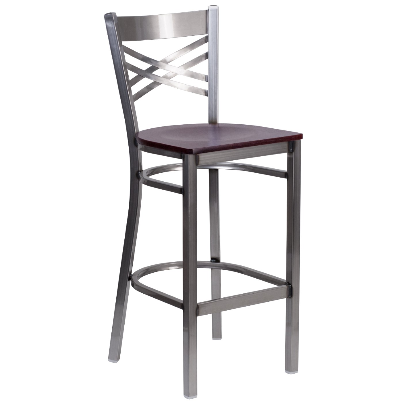 TOUGH ENOUGH SERIES CLEAR COATED ''X'' BACK METAL RESTAURANT BARSTOOL - MAHOGANY WOOD SEAT: <font color=green>FREE SHIPPING!</font> TOUGH ENOUGH SERIES CLEAR COATED ''X'' BACK METAL RESTAURANT BARSTOOL - MAHOGANY WOOD SEAT: <font color=green>FREE SHIPPING!</font>