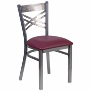TOUGH ENOUGH SERIES CLEAR COATED ''X'' BACK METAL RESTAURANT CHAIR - BURGUNDY VINYL SEAT: <font color=green>FREE SHIPPING!</font>