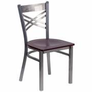 TOUGH ENOUGH SERIES CLEAR COATED ''X'' BACK METAL RESTAURANT CHAIR - MAHOGANY WOOD SEAT: <font color=green>FREE SHIPPING!</font>