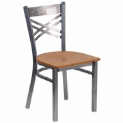 TOUGH ENOUGH SERIES CLEAR COATED ''X'' BACK METAL RESTAURANT CHAIR - NATURAL WOOD SEAT: <font color=green>FREE SHIPPING!</font>