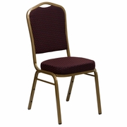 TOUGH ENOUGH SERIES CROWN BACK STACKING BANQUET CHAIR IN BURGUNDY PATTERNED FABRIC - GOLD FRAME: <font color=green>FREE SHIPPING!</font>
