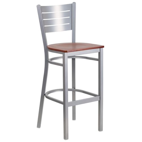 TOUGH ENOUGH SERIES SILVER SLAT BACK METAL RESTAURANT BARSTOOL - CHERRY WOOD SEAT <font color=green>FREE SHIPPING!</font>