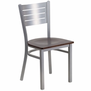 TOUGH ENOUGH SERIES SILVER SLAT BACK METAL RESTAURANT CHAIR - WALNUT WOOD SEAT: <font color=green>FREE SHIPPING!</font>