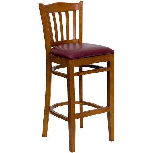 TOUGH ENOUGH SERIES VERTICAL SLAT BACK CHERRY WOOD RESTAURANT BARSTOOL - BURGUNDY VINYL SEAT: <font color=green>FREE SHIPPING!</font>