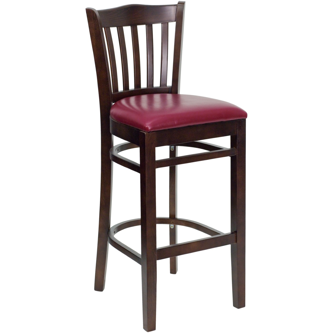 TOUGH ENOUGH SERIES VERTICAL SLAT BACK WALNUT WOOD RESTAURANT BARSTOOL - BURGUNDY VINYL SEAT: <font color=green>FREE SHIPPING!</font> TOUGH ENOUGH SERIES VERTICAL SLAT BACK WALNUT WOOD RESTAURANT BARSTOOL - BURGUNDY VINYL SEAT: <font color=green>FREE SHIPPING!</font>