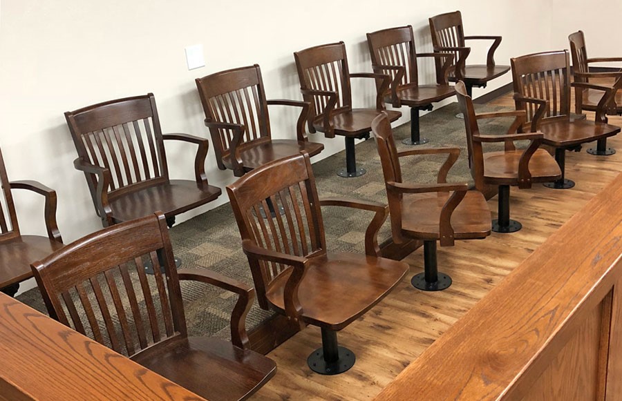 JURY CHAIRS BOLT TO FLOOR. HEIGHT ADJUSTABLE. SOLID OAK SEAT OR UPHOLSTERED. JURY CHAIRS BOLT TO FLOOR. HEIGHT ADJUSTABLE. SOLID OAK SEAT OR UPHOLSTERED.