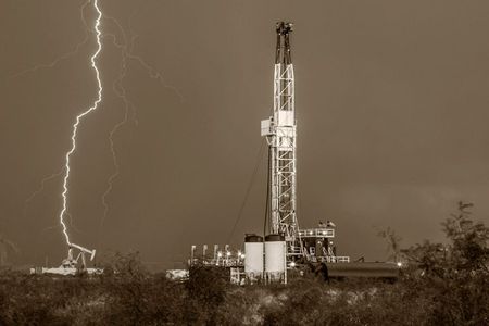 Bob Callender - Charged Skies - Oil Derrick and Lightening Print