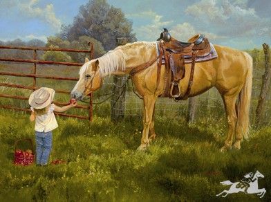 June Dudley - An Apple a Day - Little Girl Feeding Horse Print