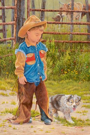 June Dudley - Boss Man - Young Cowboy & Dog Print