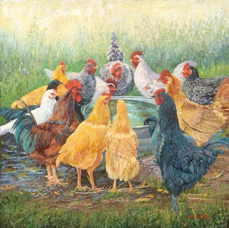 June Dudley - Happy Hour - Chickens and Roosters Print