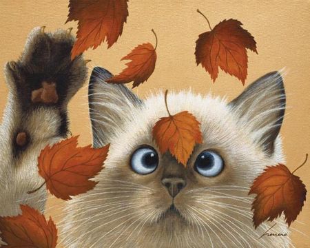 Lowell Herrero - Erin Martin - Cat Pawing Falling Leaves Print