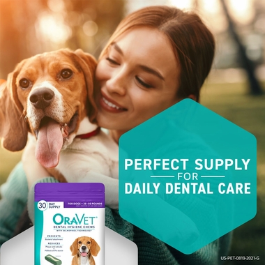 Dental chew with graphic of reduction of halitosis, plaque, and calculus