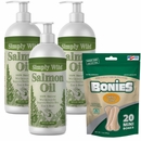 Simply Wild Salmon Oil 3-PACK (48 fl oz) + Free BONIES Skin and Coat Health MINI (20 Bones 7 oz)