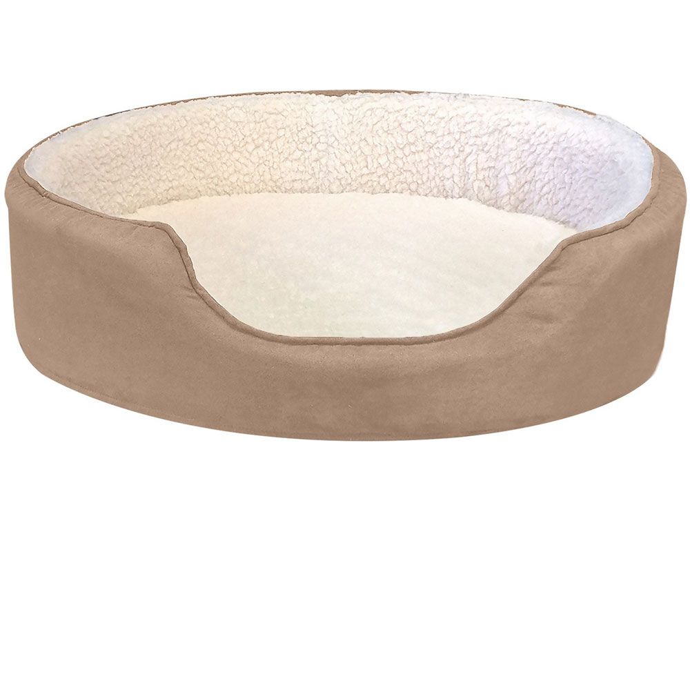 FURHAVEN-FAUX-SHERPA-SUEDE-OVAL-PET-BED-CLAY-SM