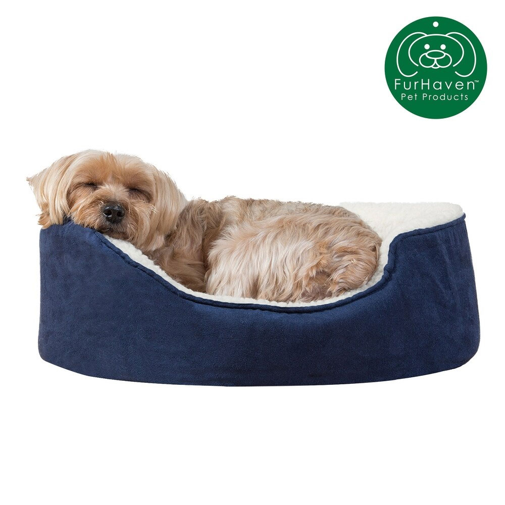FURHAVEN-FAUX-SHERPA-SUEDE-OVAL-PET-BED-NAVY-LG