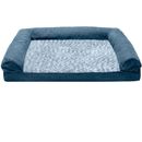 FurHaven Two-Tone Faux Fur & Suede Memory Top Sofa Pet Bed - Marine Blue (Large)