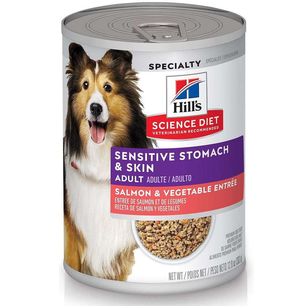 HILLS-SCIENCE-DIET-ADLT-SENSTVE-STOMCH-SALMON-VEG-CANDOG-FD-12OZX12
