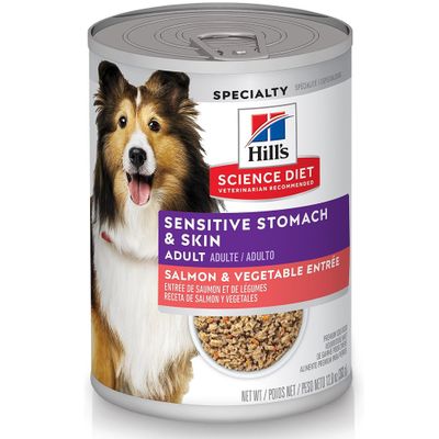 HILLS-SCIENCE-DIET-ADLT-SENSTVE-STOMCH-SALMON-VEG-CANDOG-FD-12OZX12