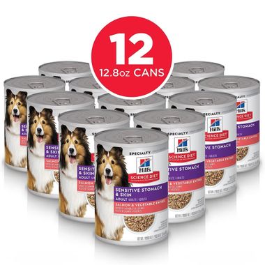 HILLS-SCIENCE-DIET-ADLT-SENSTVE-STOMCH-SALMON-VEG-CANDOG-FD-12OZX12