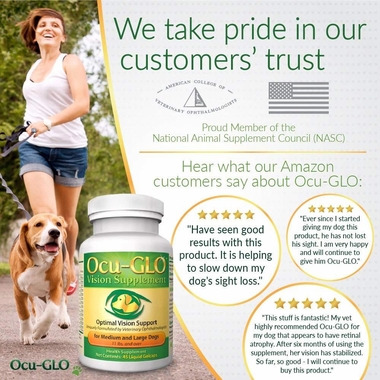 Bottle of Ocu-Glo between woman running with dog and amazon reviews