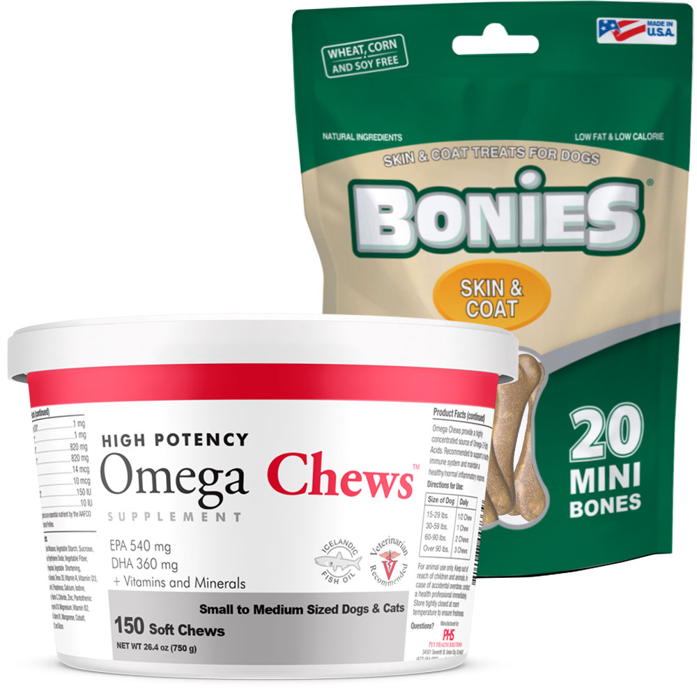 Omega Chews for Small to Medium Sized Dogs & Cats (150 Soft Chews) + FREE BONIES Skin & Coat