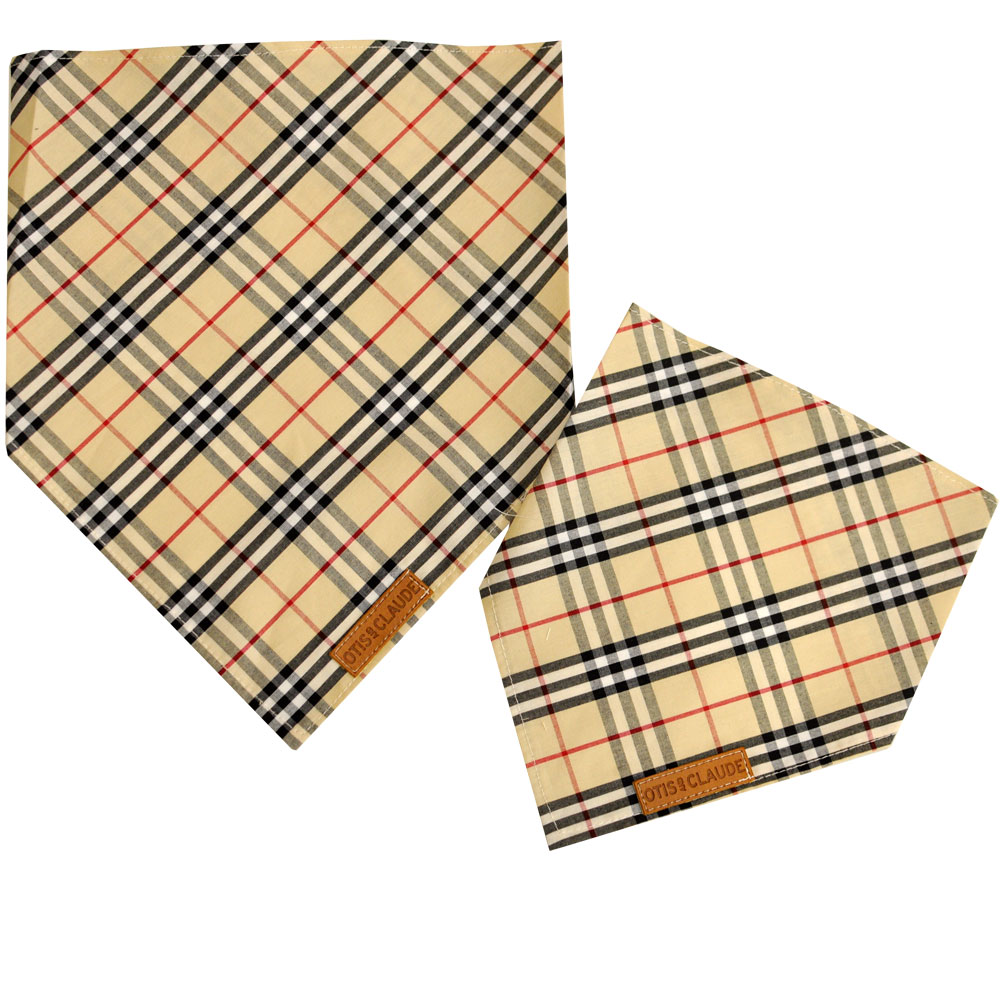 OTISCLAUDE-DOG-BANDANNA-WOOFBERRY-CHECK-PATTERN-LG-TAN