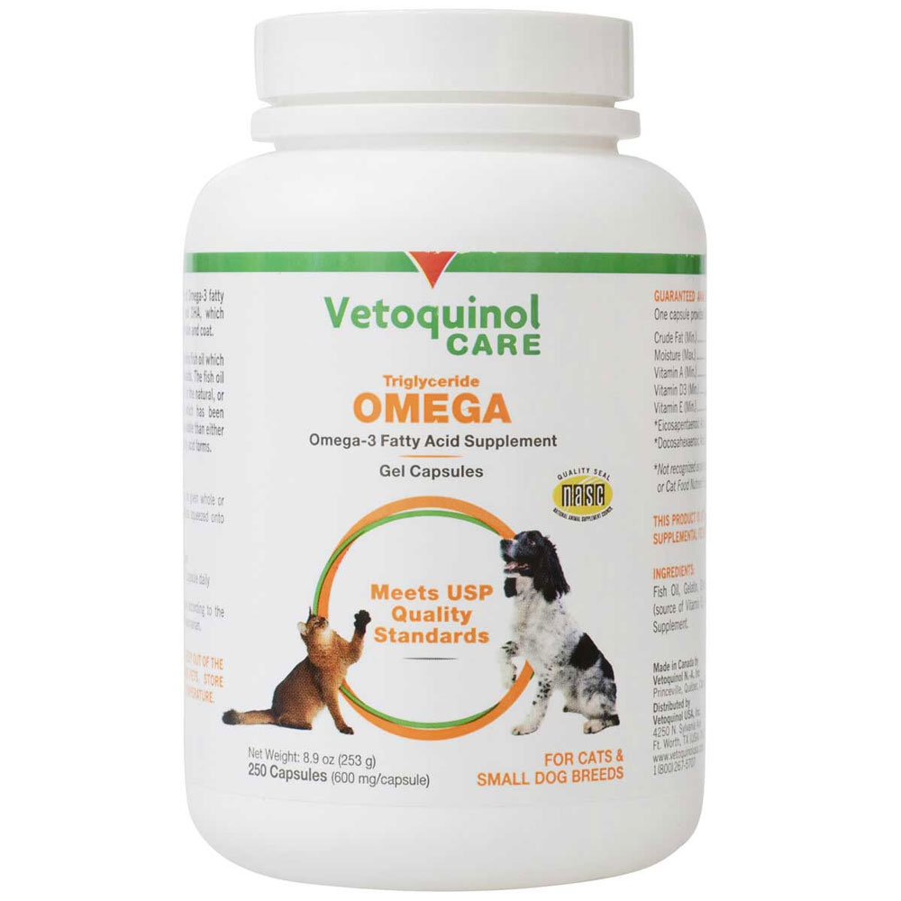 Vetoquinol Care Triglyceride Omega Supplement for Small Dogs & Cats (250 Capsules) + FREE Tuff Balls Toss Toy