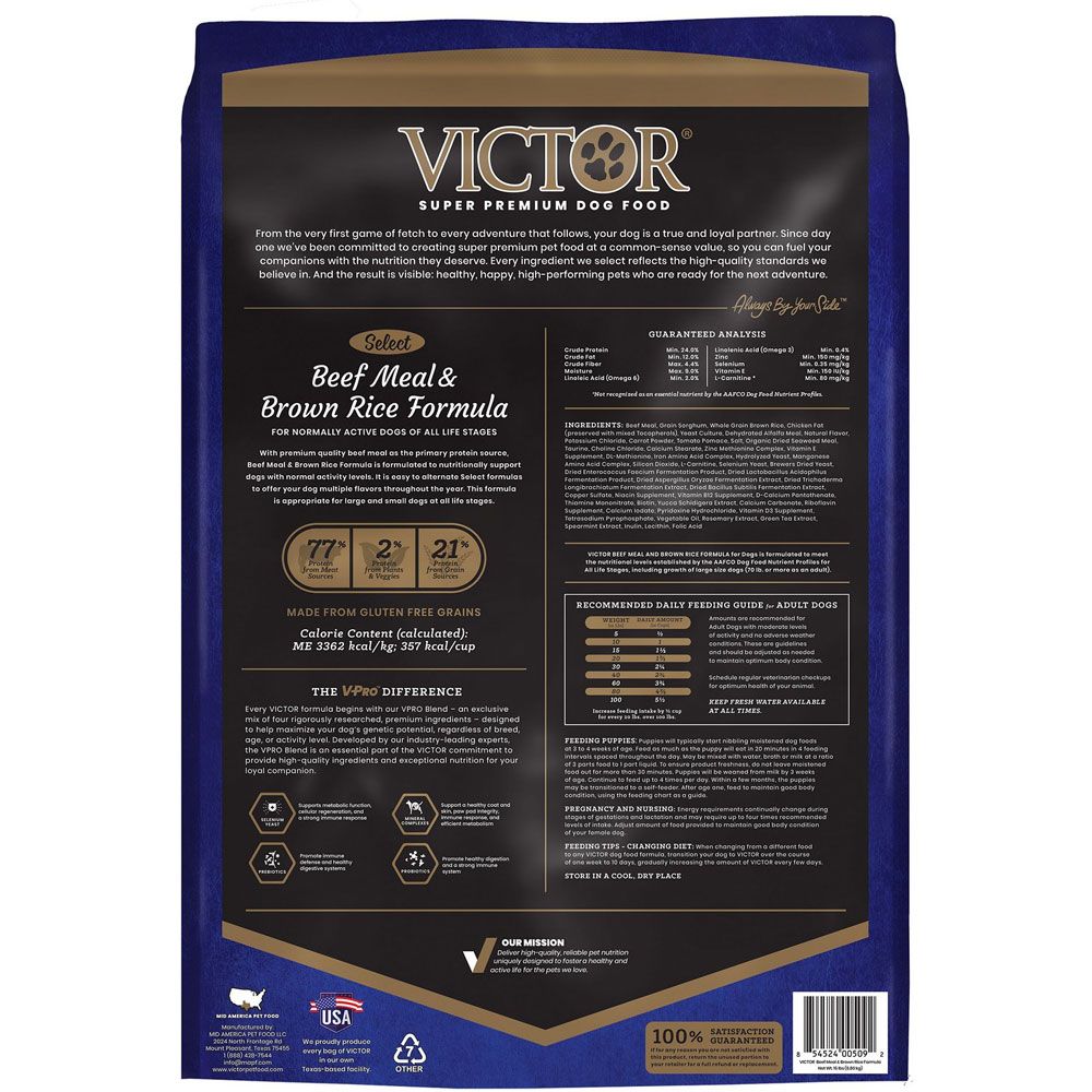 VICTOR Select Beef Meal & Brown Rice Dry Dog Food, 15lb bag On Sale EntirelyPets