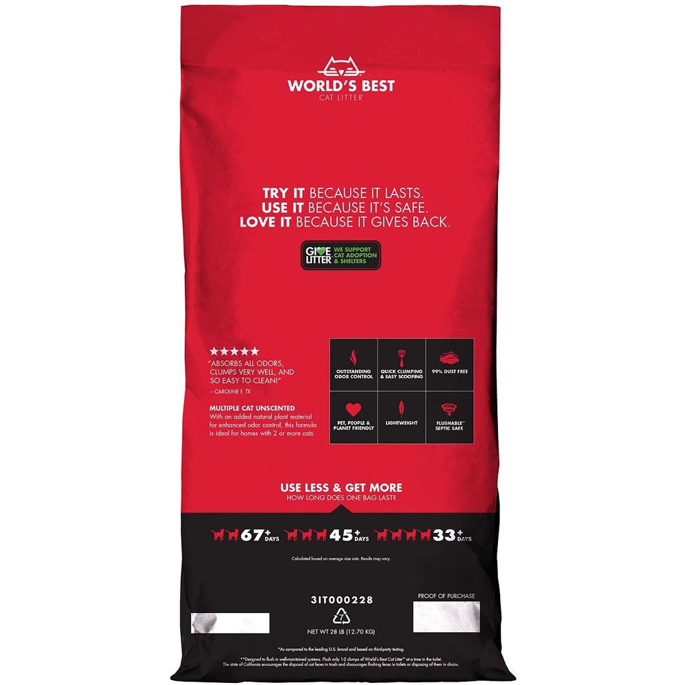 World's Best MultiCat Unscented Clumping Corn Cat Litter, 28lb bag