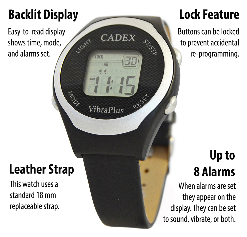 e-vibra Waterdicht vibrerend alarmhorloge oplaadbaar 15 alarm herinnering horloge zindelijkheidstraining horloge met vergrendelingsscherm (zwart rond