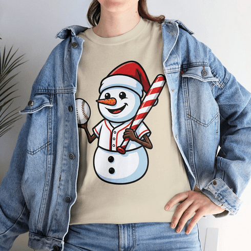 Baseball Snowman with Red Scarf Short Sleeve Tee, Long Sleeve T-Shirt or Hoodie Sweatshirt
