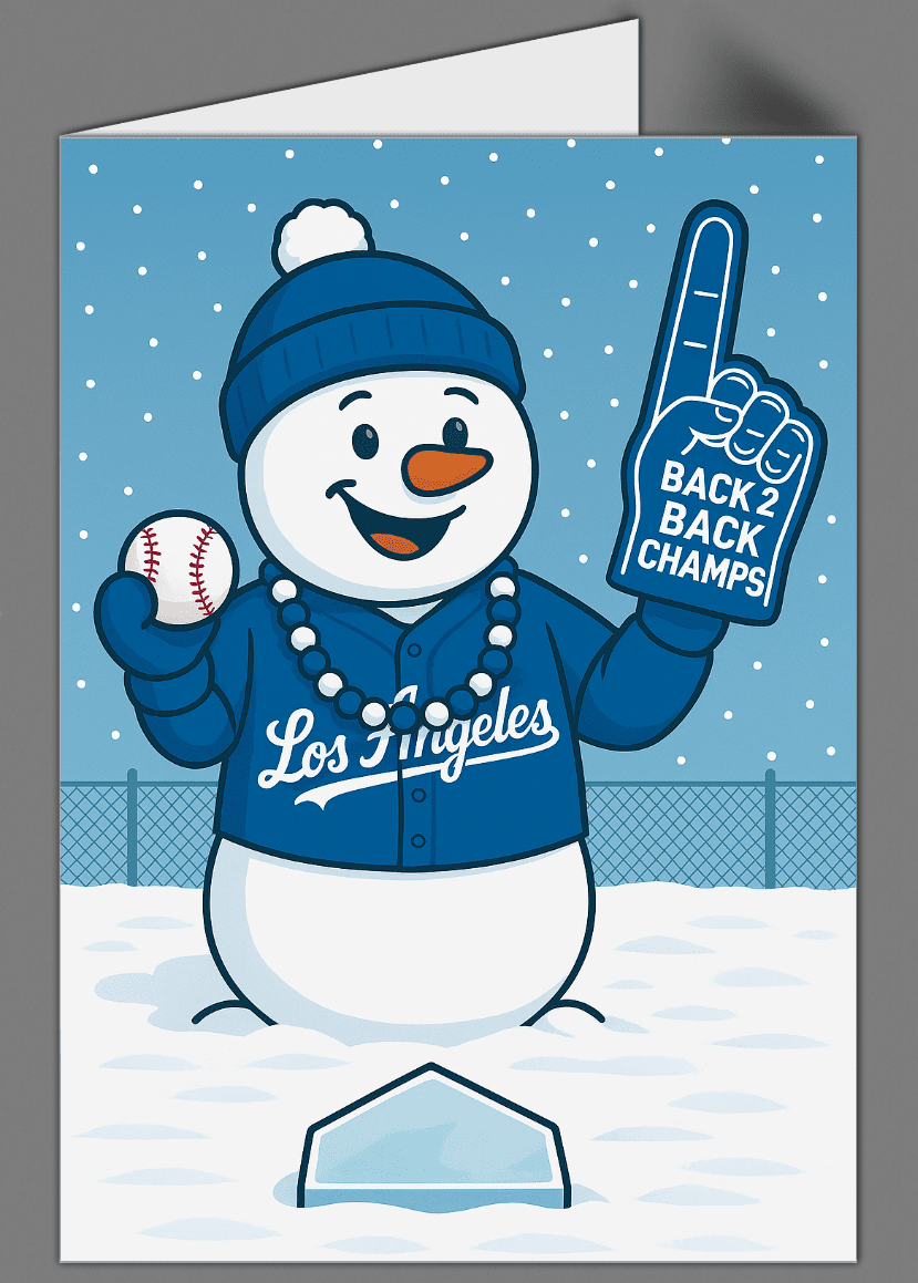 Personalized Baseball Snowman Los Angeles Back to Back Champs Fan Holiday Cards