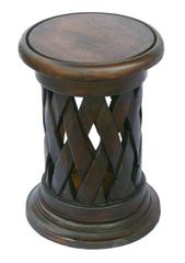 19" Carved Acacia Wood Round End Table Lattice Design in Walnut - frt1093