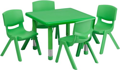 24'' Square Adjustable Green Plastic Activity Table Set with 4 Chairs - YU-YCX-0023-2-SQR-TBL-GREEN-E-GG