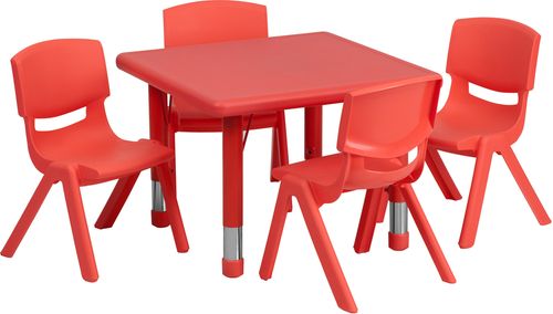 24'' Square Adjustable Red Plastic Activity Table Set with 4 Chairs - YU-YCX-0023-2-SQR-TBL-RED-E-GG