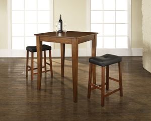3-Piece Pub Dining Set with Cabriole Leg and Upholstered Saddle Stools in Classic Cherry Finish - Crosley Furniture - KD320004CH