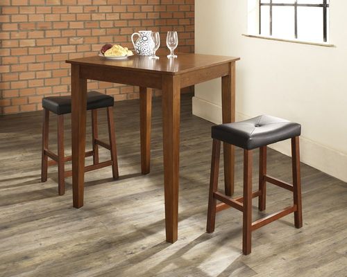 3-Piece Pub Dining Set with Tapered Leg and Upholstered Saddle Stools in Classic Cherry Finish - Crosley Furniture - KD320008CH