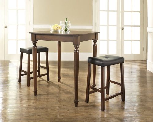 3-Piece Pub Dining Set with Turned Leg and Upholstered Saddle Stools in Vintage Mahogany Finish - Crosley Furniture - KD320012MA