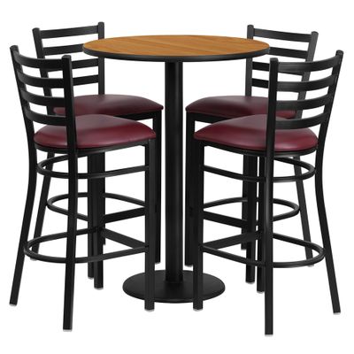 30'' Round Natural Table Set with 4 Burgundy Vinyl Seat Metal Bar Stools - RSRB1027-GG