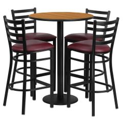 30'' Round Natural Table Set with 4 Burgundy Vinyl Seat Metal Bar Stools - RSRB1027-GG