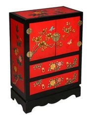 32" Chinese Storage Cabinet with Peony Flowers in Black and Red Lacquer - frc1205