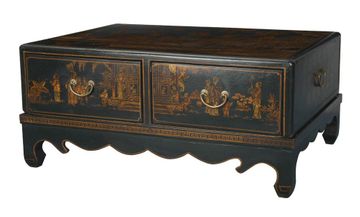 35" Antique Style Mandarin Coffee Table in Black Leather - frc5037