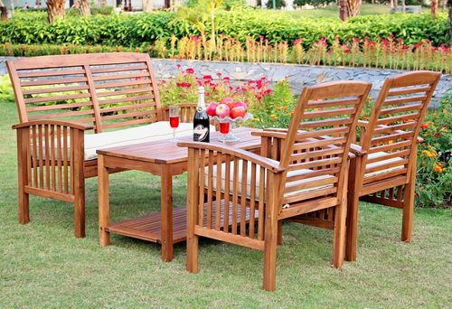 4-Piece Wood Patio Set with Cushions in Natural Brown - OW4SBR