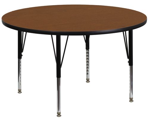 48'' Round Activity Table, 1.25'' Thick High Pressure Oak Laminate Top & Height Adjustable Pre-School Legs - XU-A48-RND-OAK-H-P-GG