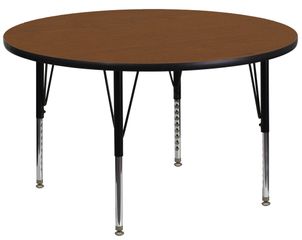 48'' Round Activity Table, 1.25'' Thick High Pressure Oak Laminate Top & Height Adjustable Pre-School Legs - XU-A48-RND-OAK-H-P-GG