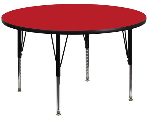48'' Round Activity Table, 1.25'' Thick High Pressure Red Laminate Top & Height Adjustable Pre-School Legs - XU-A48-RND-RED-H-P-GG